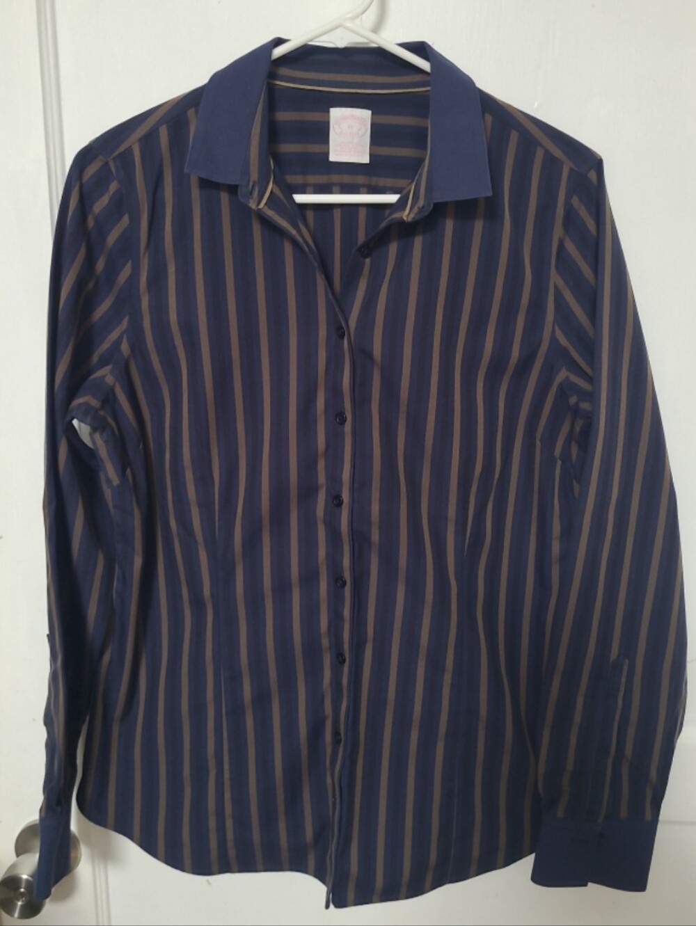 Womens Brooks Brothers Tailored Fit Navy Button-Down Shirt with Brown Stripes 10